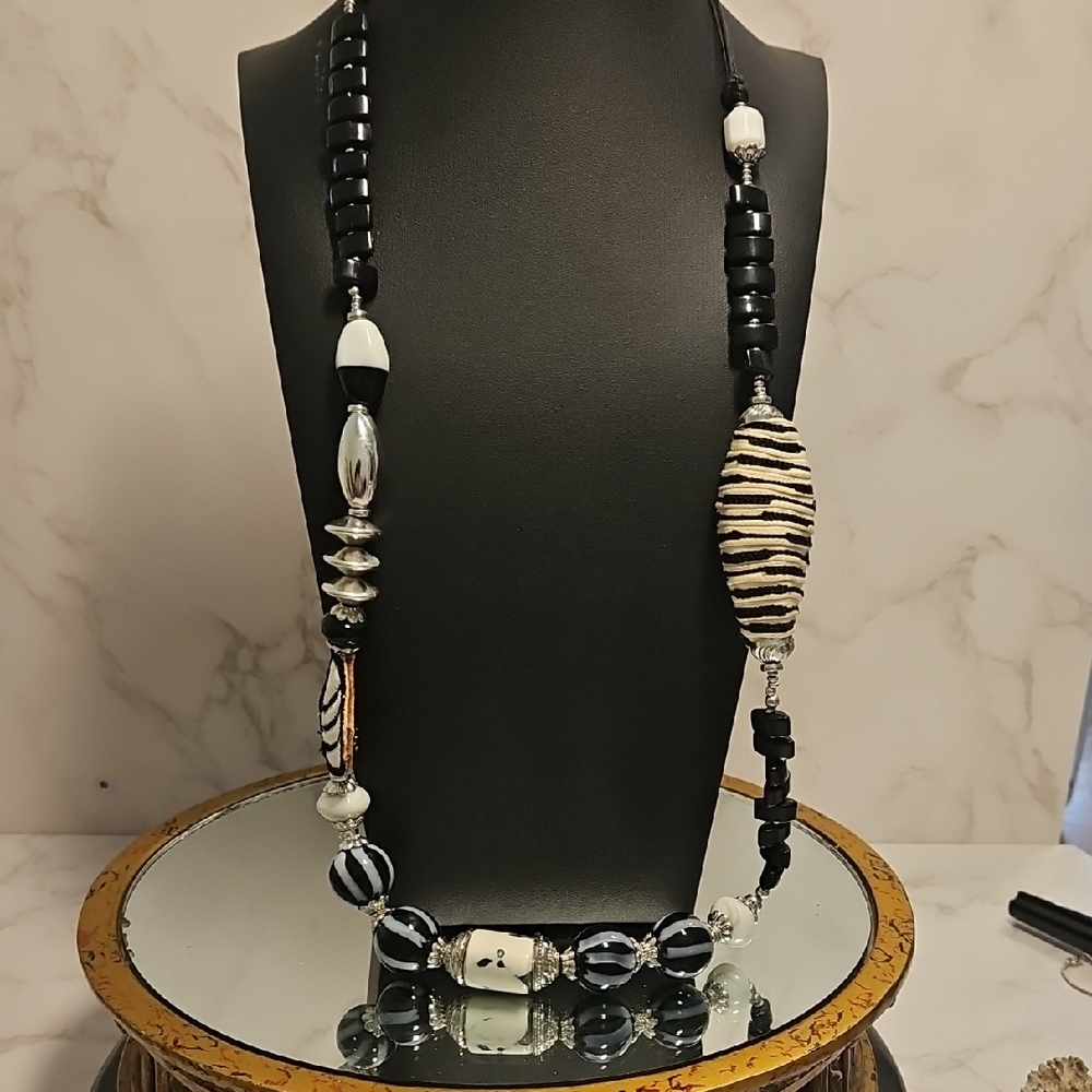 Black and White Beaded Zebra Necklace 36" Vintage